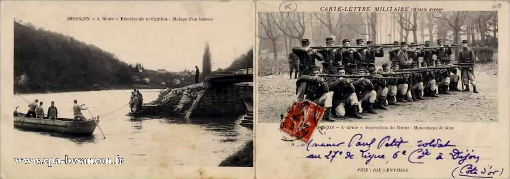 CARTE-LETTRE MILITAIRE - BESANÇON - 4e Génie - Exercice de navigation - Halage d'un bateau & BESANÇON - 4e Génie - Instruction du Tireur - Mouvement de Joue